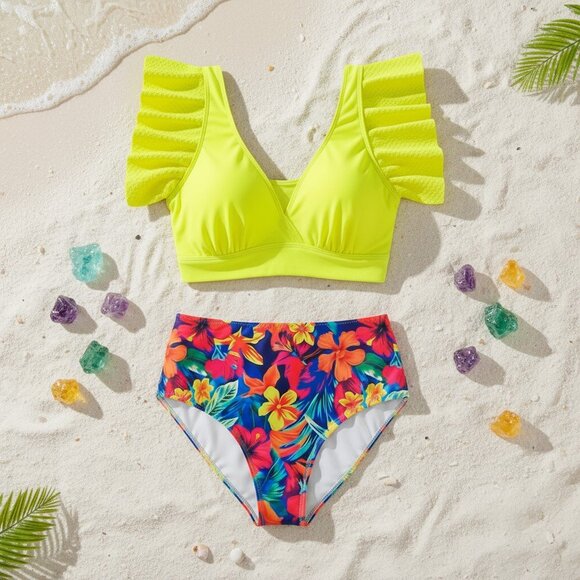 🆕 Vibrant Plus Size Boho Tankini Set 1XL Ruffle Sleeves Tropical Print Swimwear - Picture 5 of 14